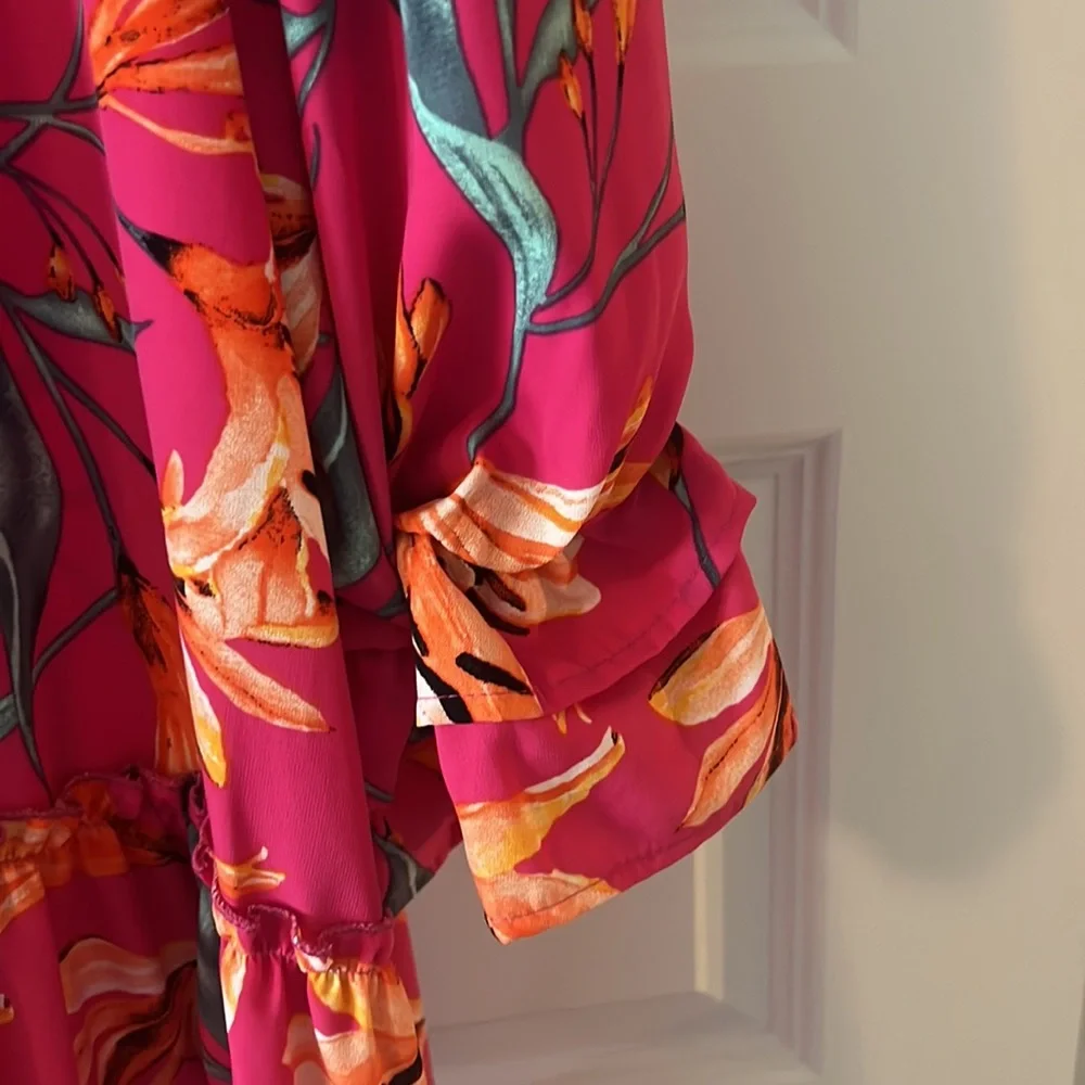 Peach Love California pink floral drop waist mini dress SZ L indie boho ruffle - Picture 4 of 13